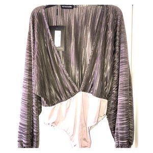 Grey Plisse plunge long sleeve bodysuit